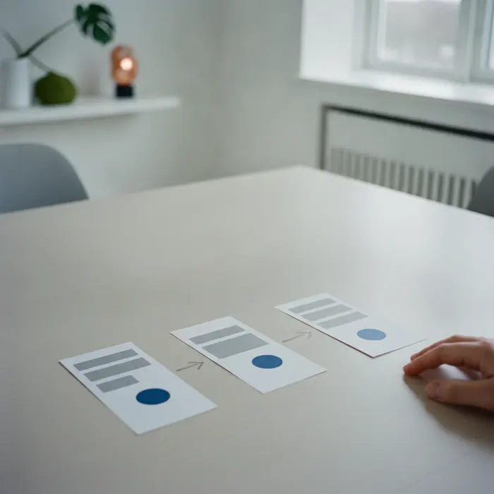 Tre papir-mockups af en app lagt i række på et bord med pile imellem, set ovenfra